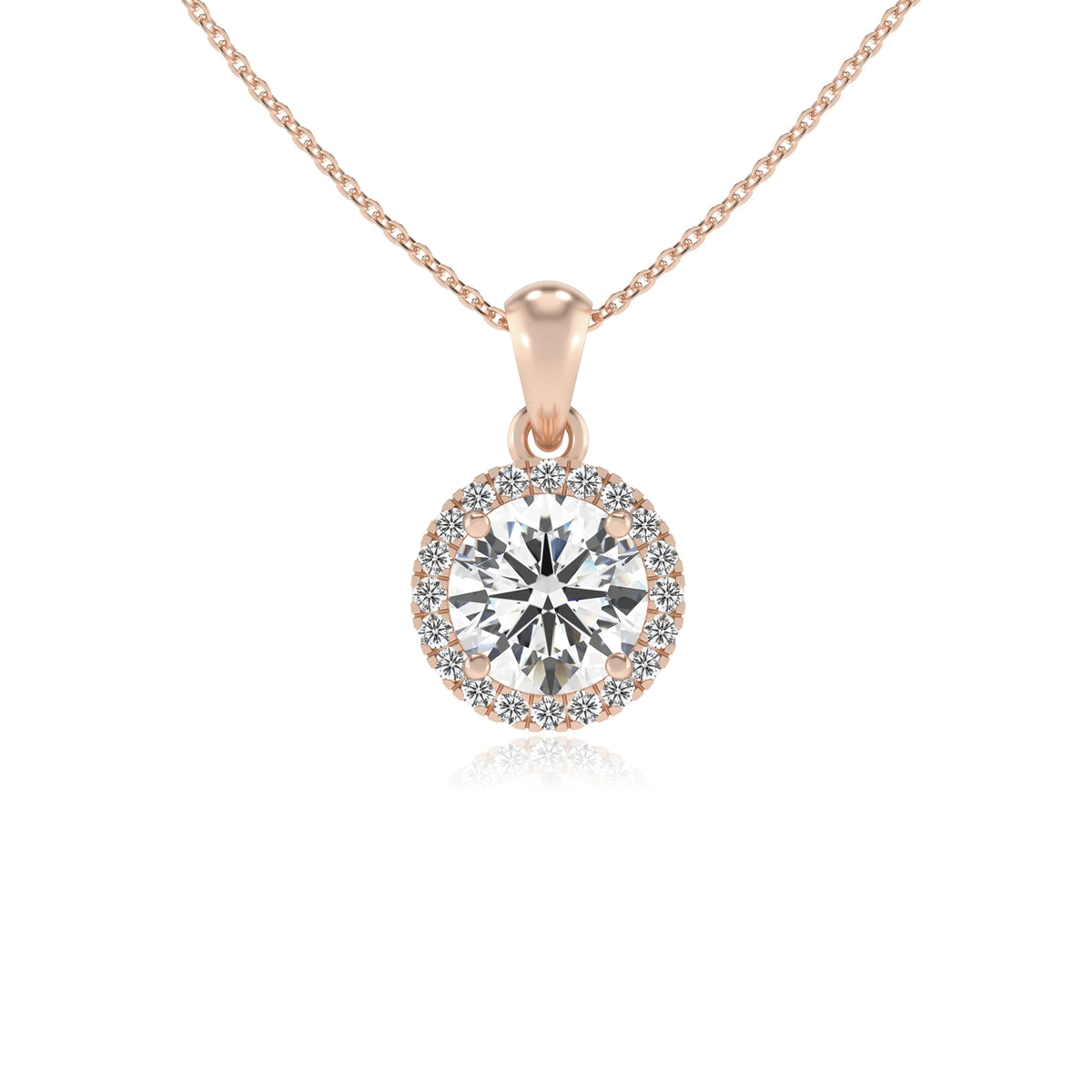 lab grown moissanite round solitaire necklaces in rose gold 