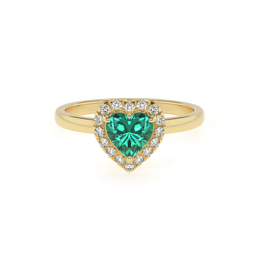 lab grown emerald heart solitaire rings in yellow gold 