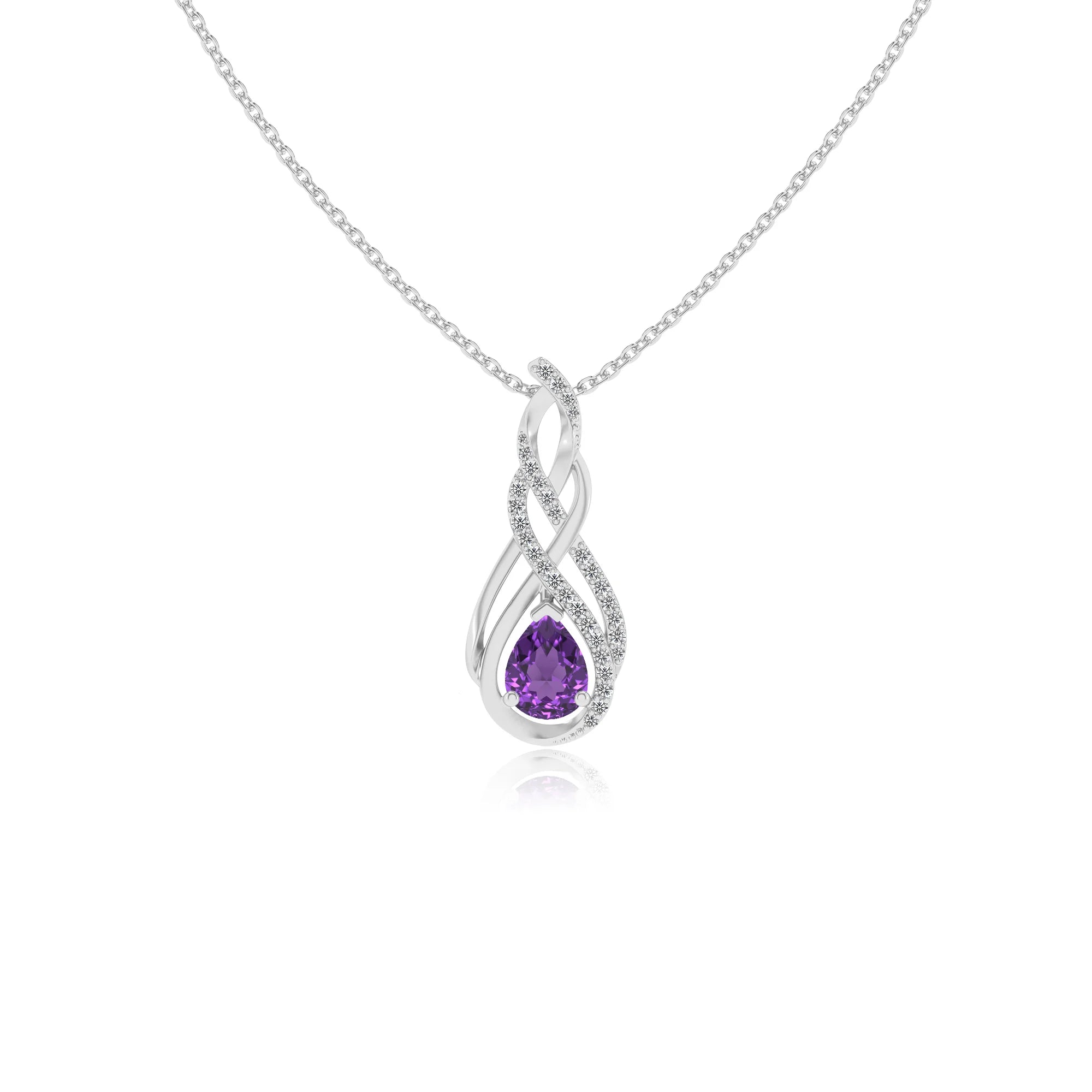 lab grown amethyst pear solitaire necklaces in white gold 