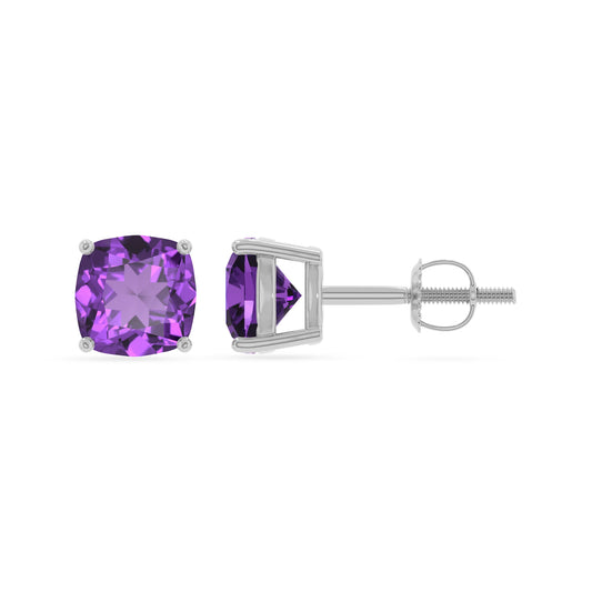 lab grown amethyst cushion stud earrings in white gold 