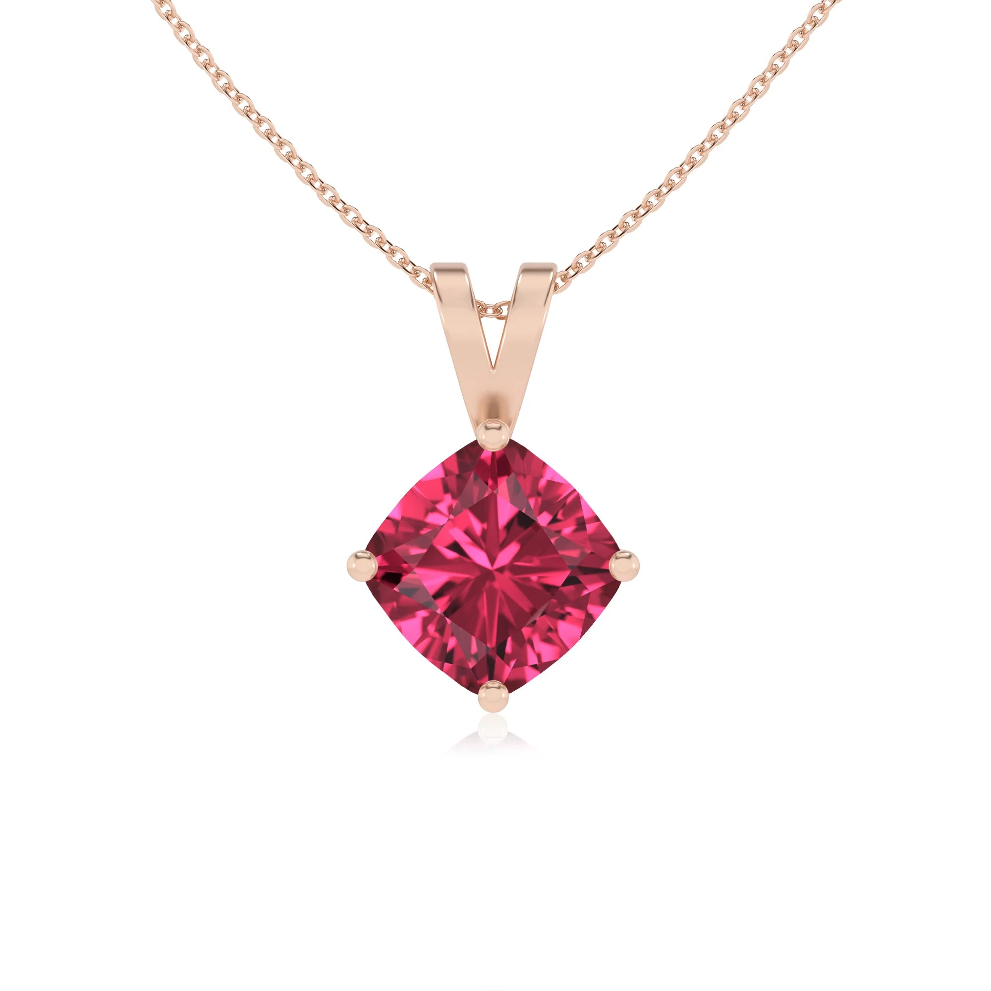 lab grown pink-tourmaline cushion solitaire v-bale necklaces in rose gold 