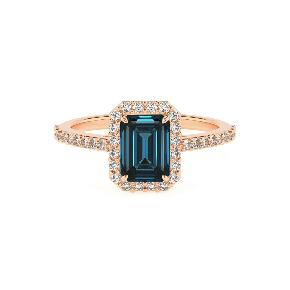 natural london-blue-topaz emerald cut solitaire rings in rose gold 