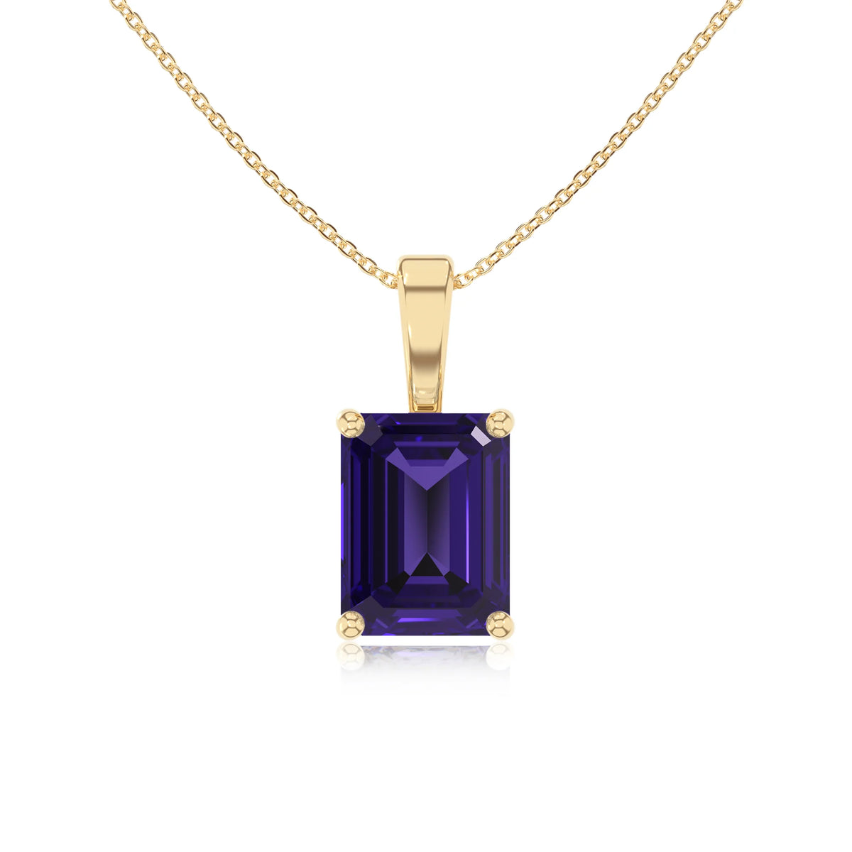 lab grown tanzanite emerald cut solitaire necklaces in yellow gold 