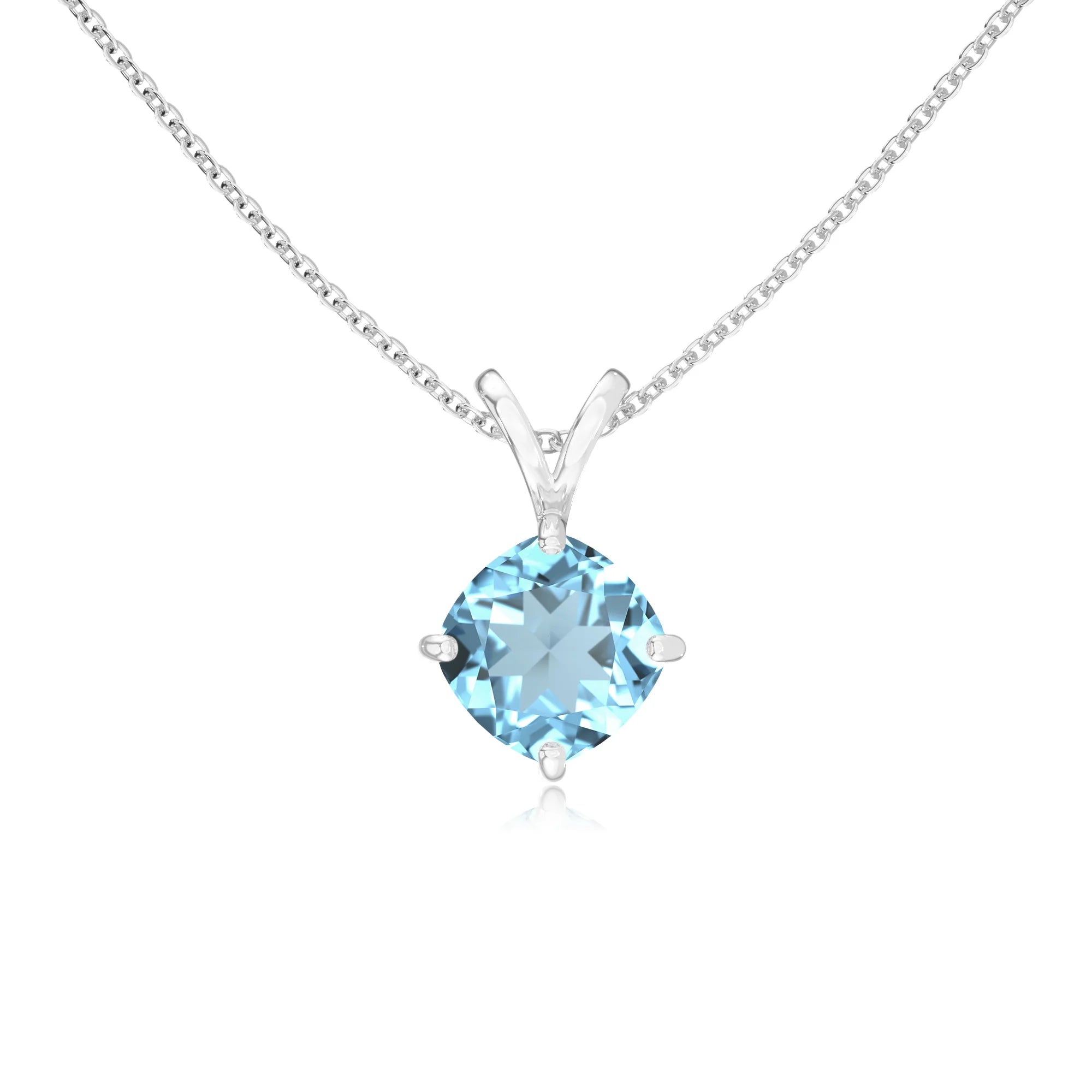 lab grown aquamarine cushion solitaire v-bale necklaces in sterling silver 