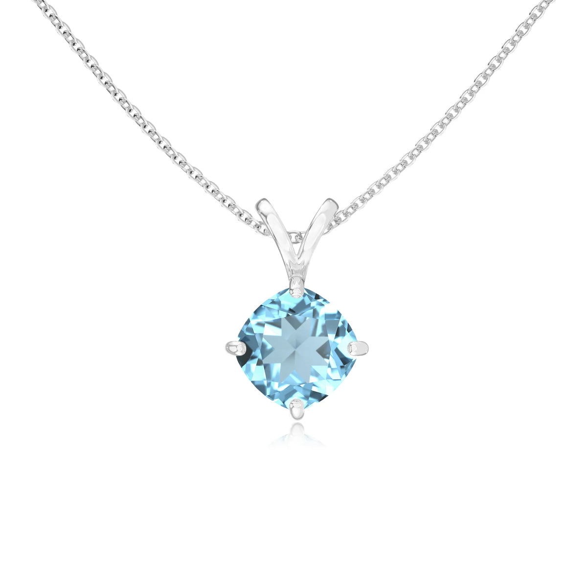 lab grown aquamarine cushion solitaire v-bale necklaces in sterling silver 