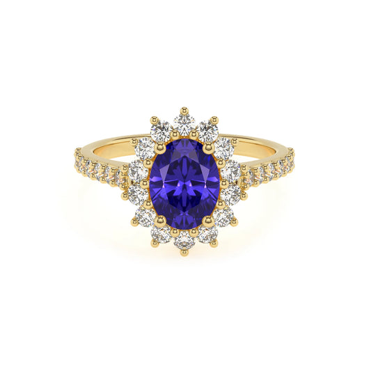 lab grown tanzanite oval solitaire rings in yellow gold 