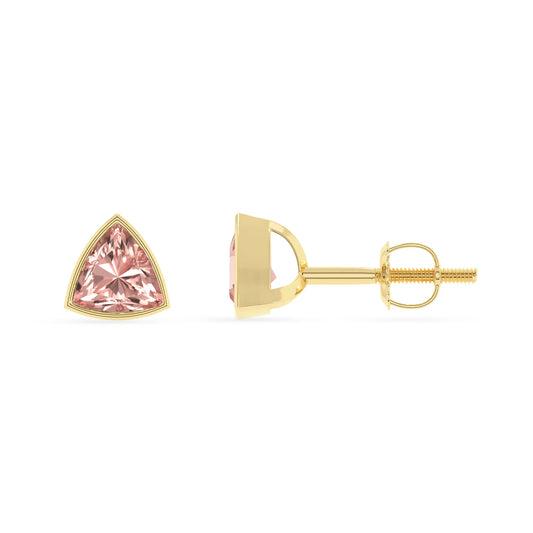 lab grown morganite trillion stud earrings in yellow gold 