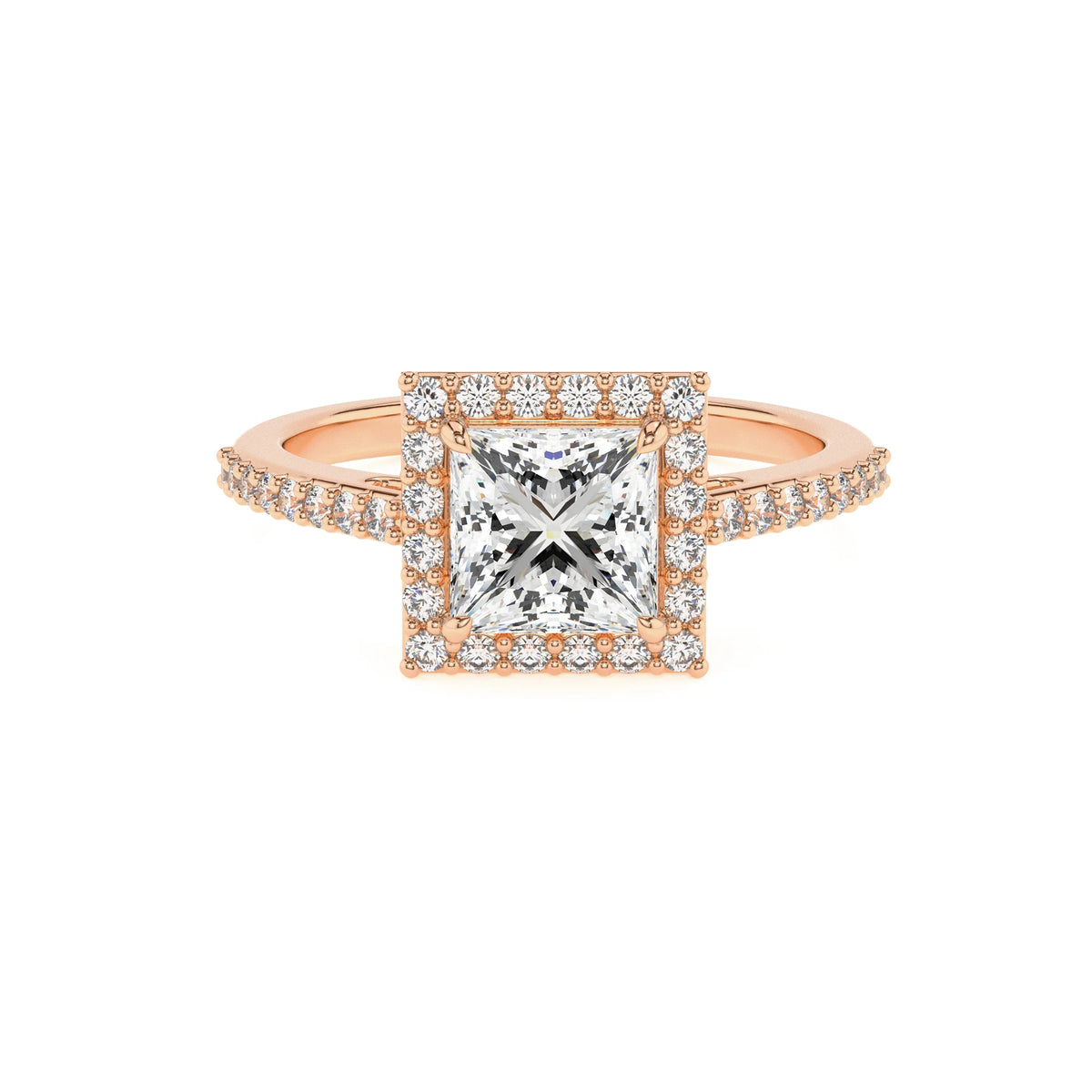 lab grown moissanite princess solitaire rings in rose gold 