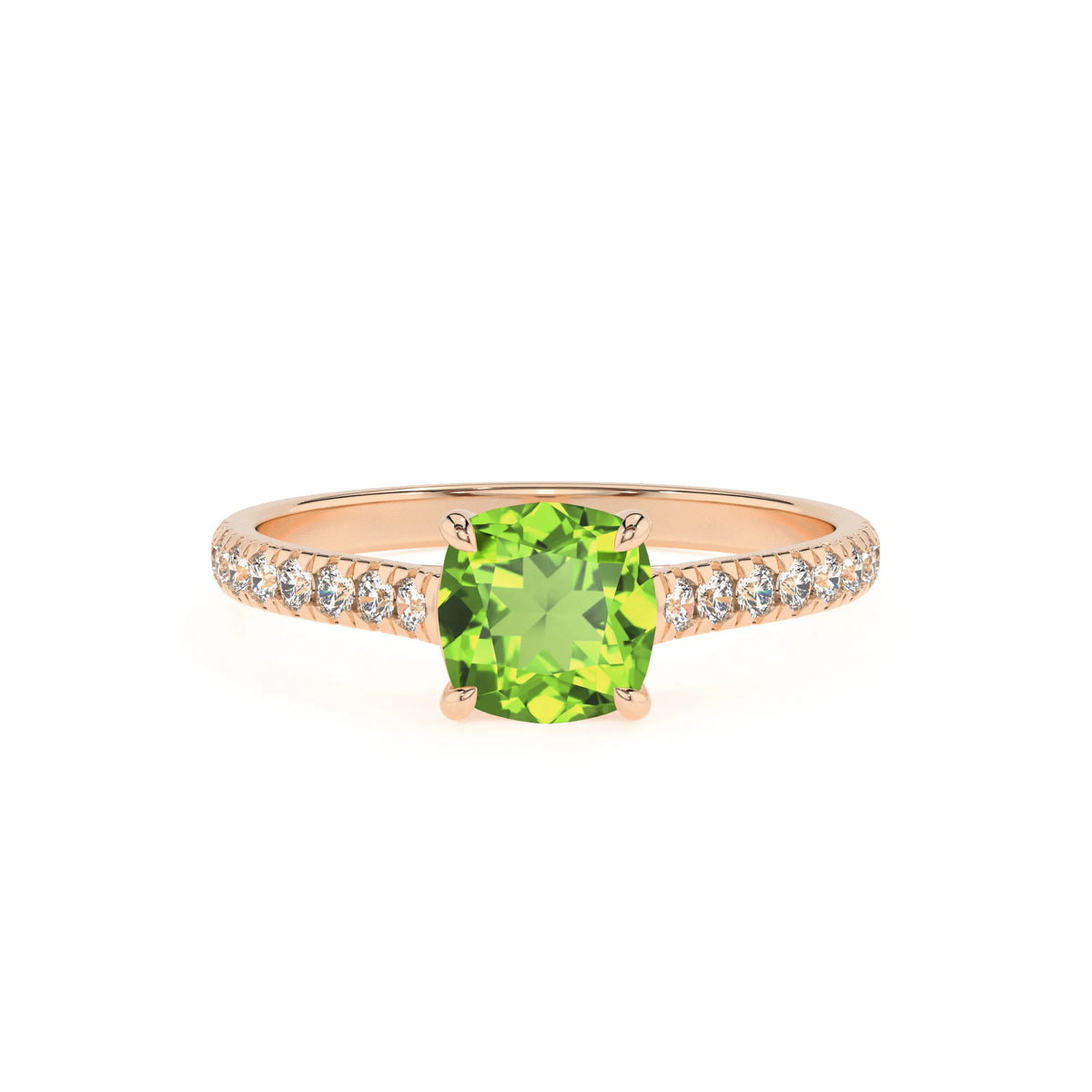 natural peridot cushion half eternity solitaire engagement rings in rose gold 