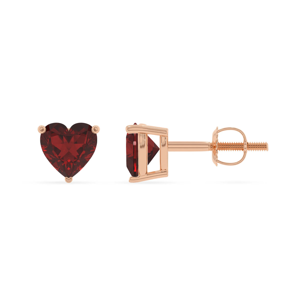 natural garnet heart stud earrings in rose gold 