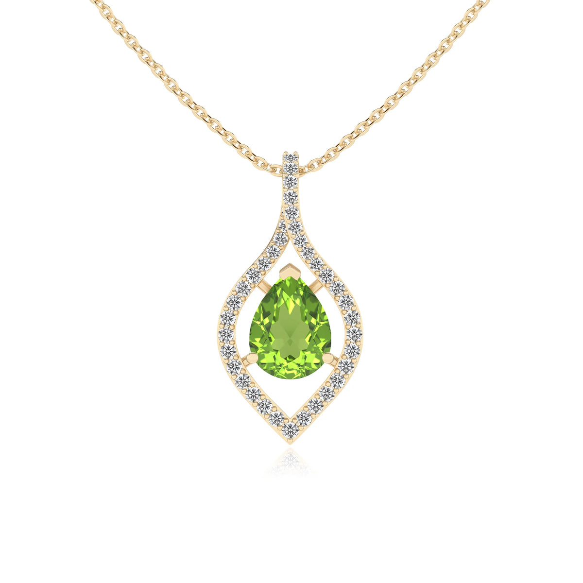 natural peridot pear infinity necklaces in yellow gold 
