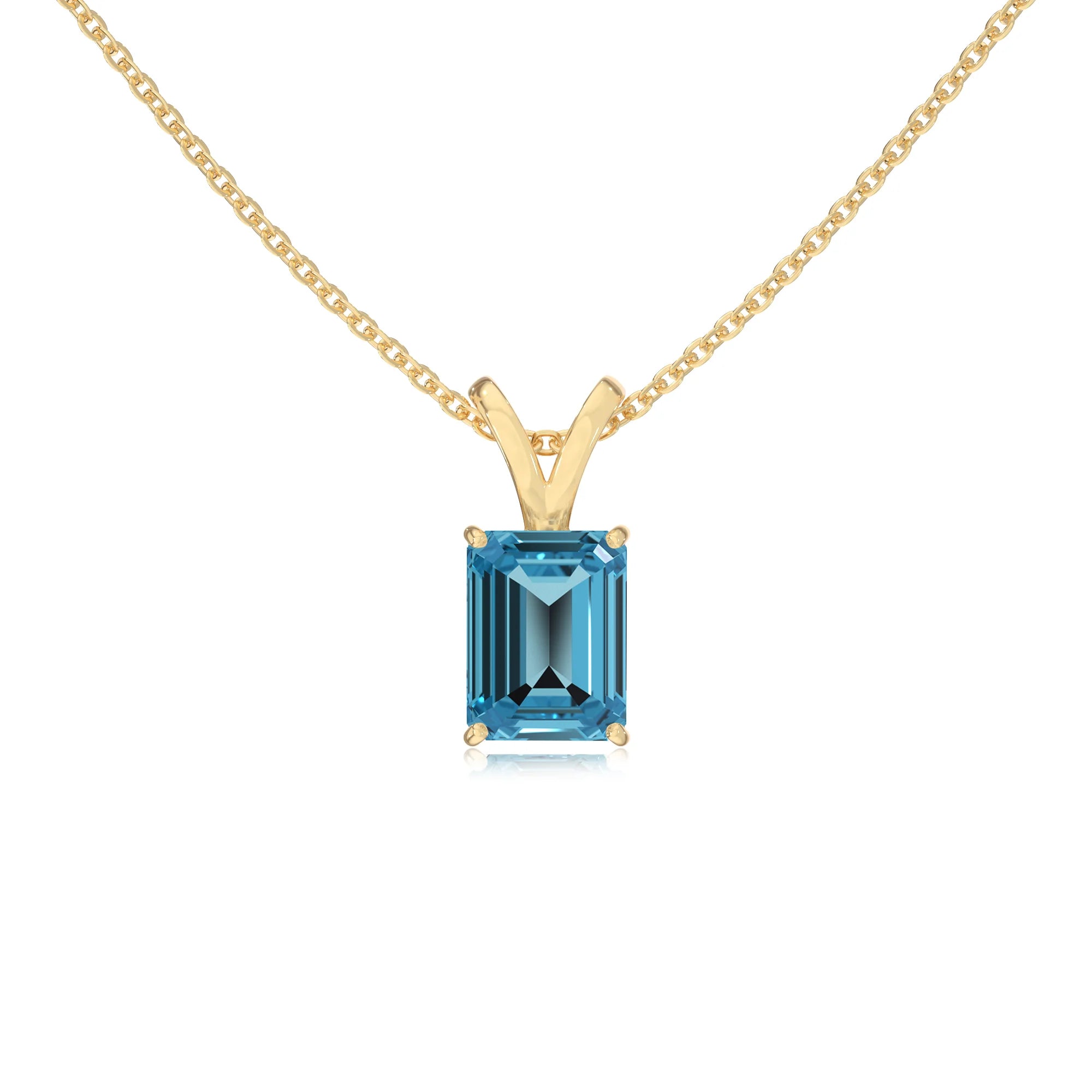 natural swiss-blue-topaz emerald cut solitaire v-bale necklaces in yellow gold 