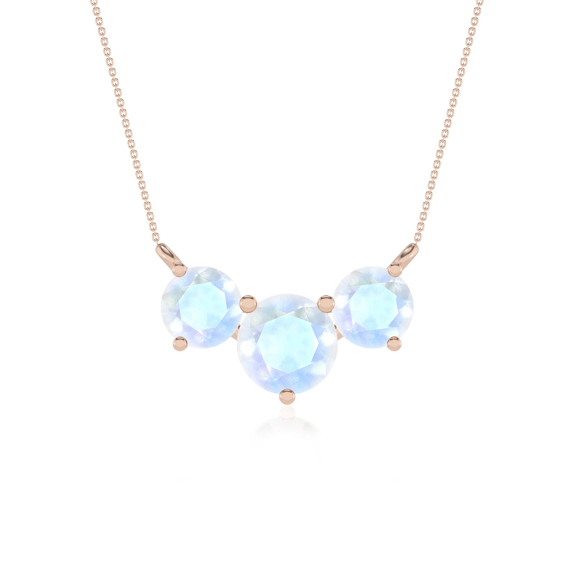 natural rainbow-moonstone round solitaire v-bale necklaces in rose gold 