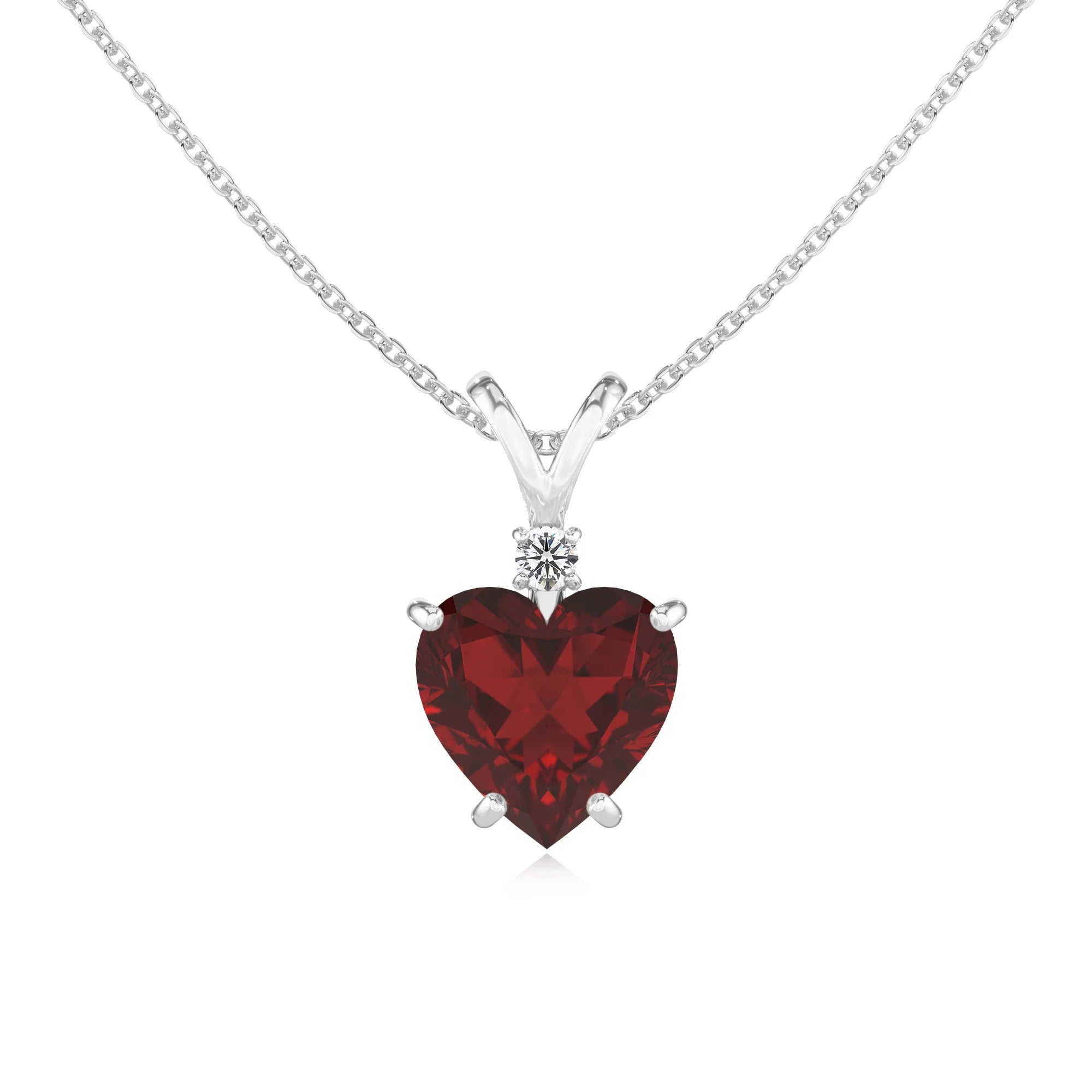 natural garnet heart solitaire v-bale necklaces in white gold 