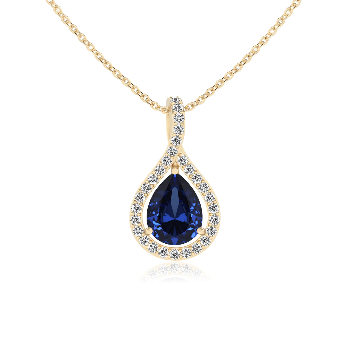 lab grown blue-sapphire pear solitaire necklaces in yellow gold 