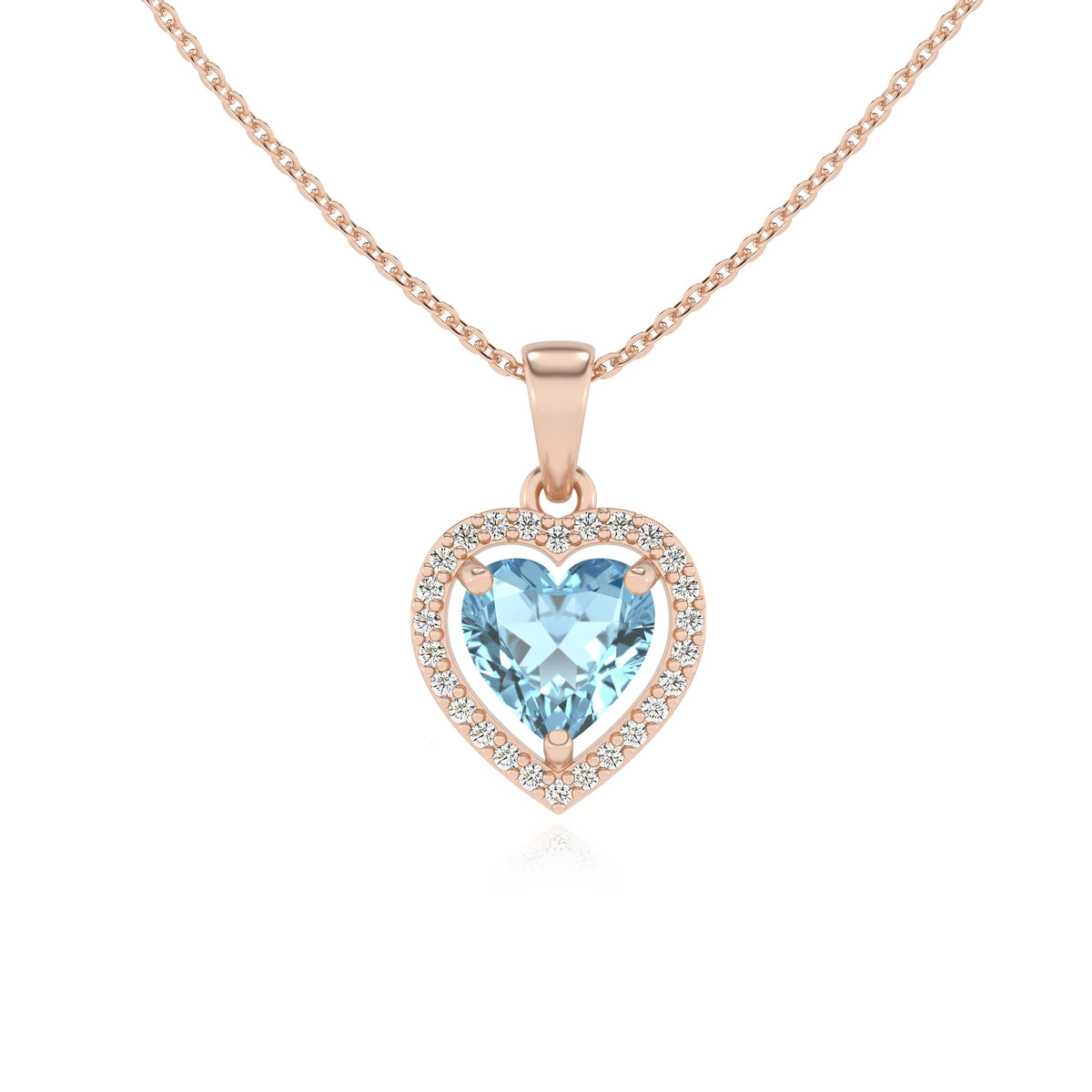 lab grown aquamarine heart solitaire necklaces in rose gold 