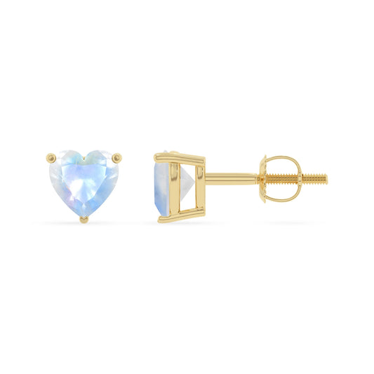 natural rainbow moonstone heart stud earrings in yellow gold 