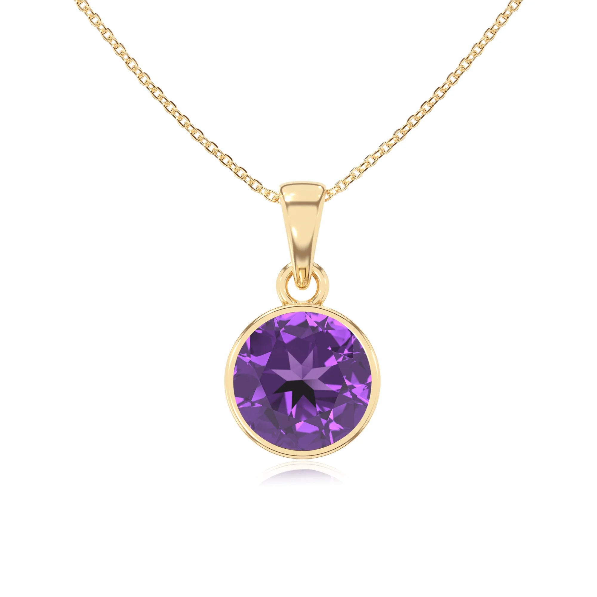 lab grown amethyst round solitaire necklaces in yellow gold 