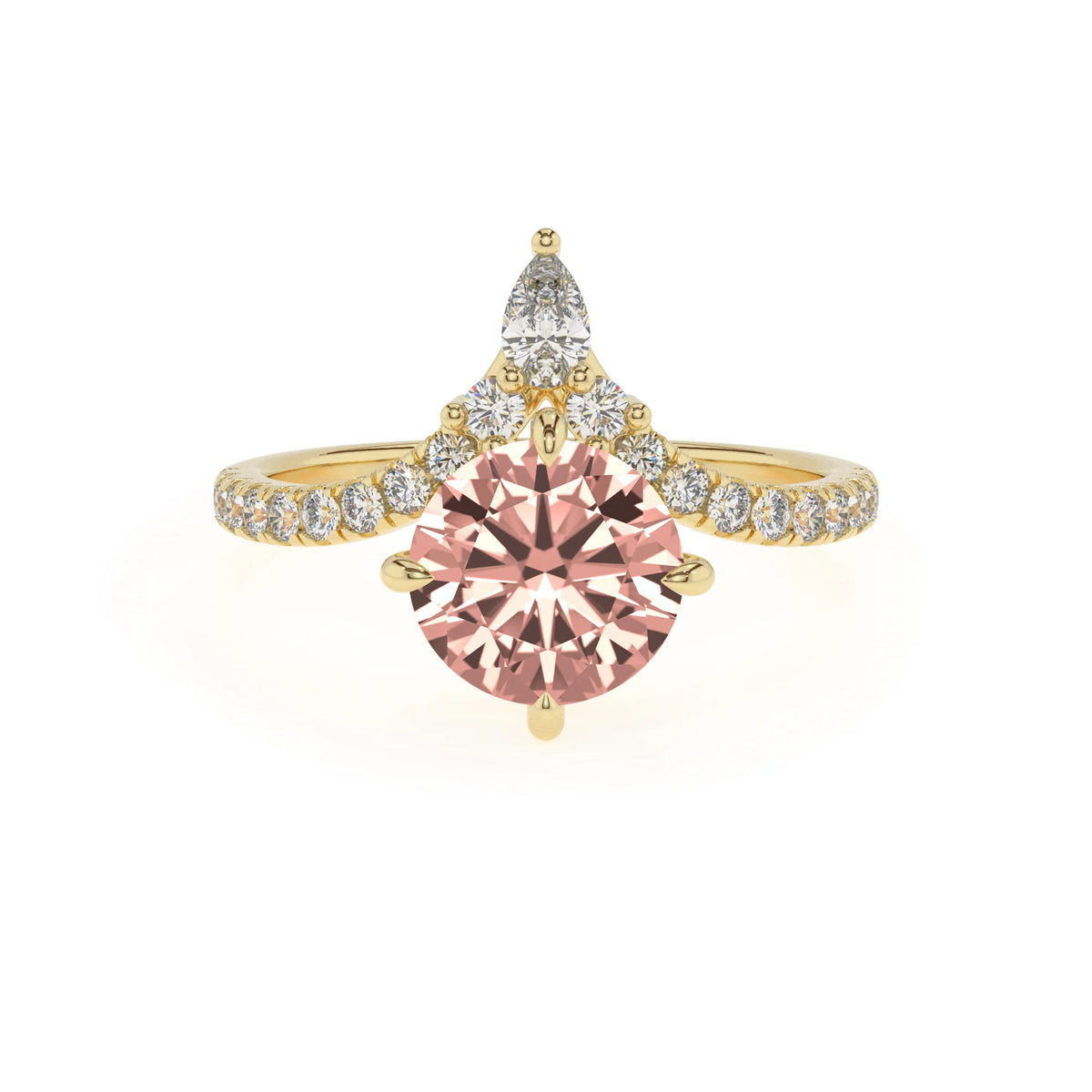 lab grown morganite round solitaire rings in yellow gold 