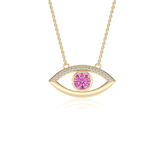lab grown pink-sapphire round solitaire necklaces in yellow gold 