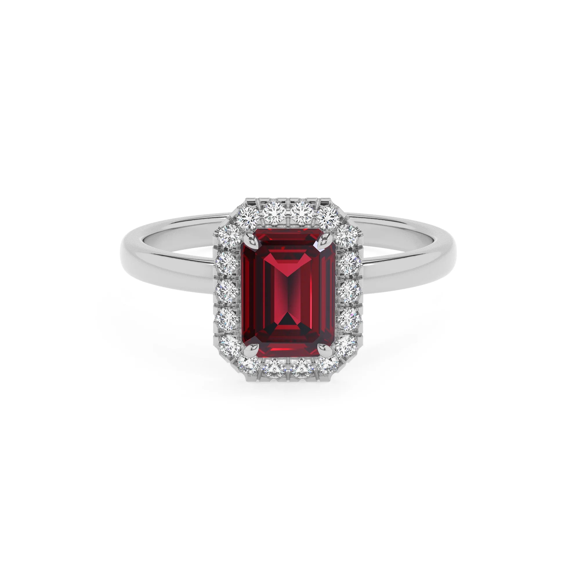 lab grown ruby emerald cut solitaire rings in white gold 