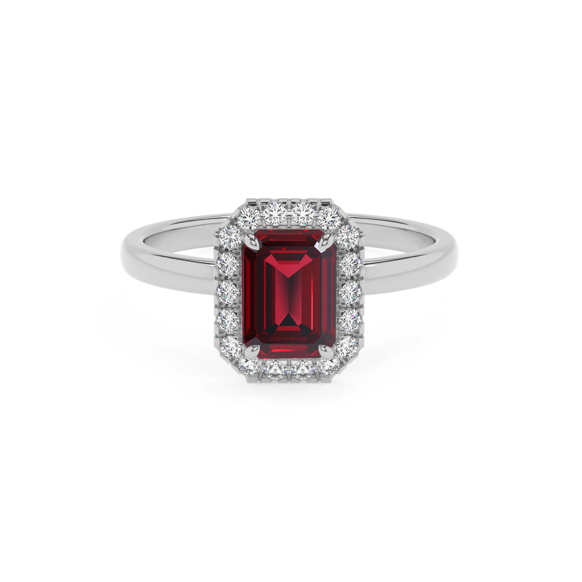 lab grown ruby emerald cut solitaire rings in white gold 