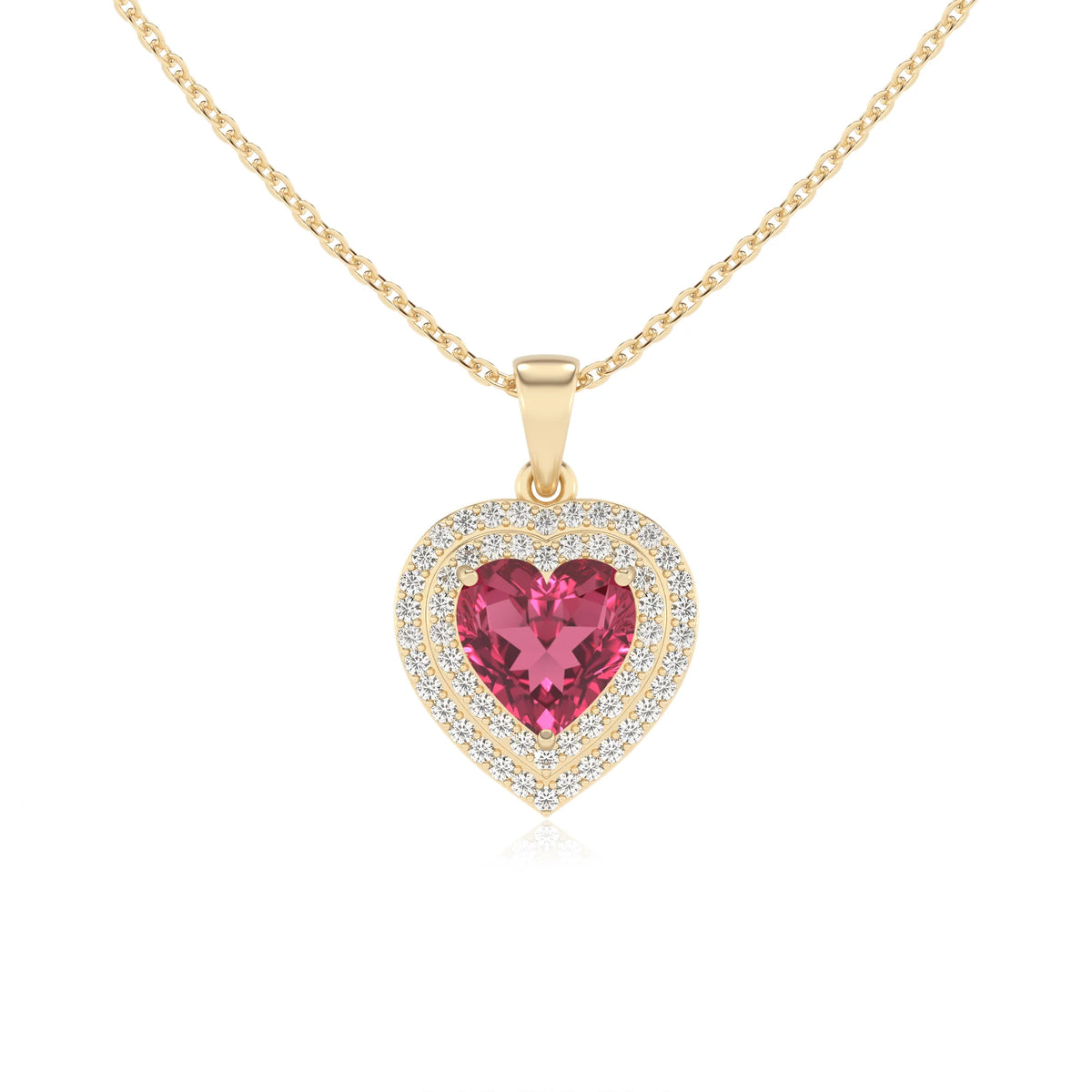 lab grown pink tourmaline heart halo necklaces in yellow gold 
