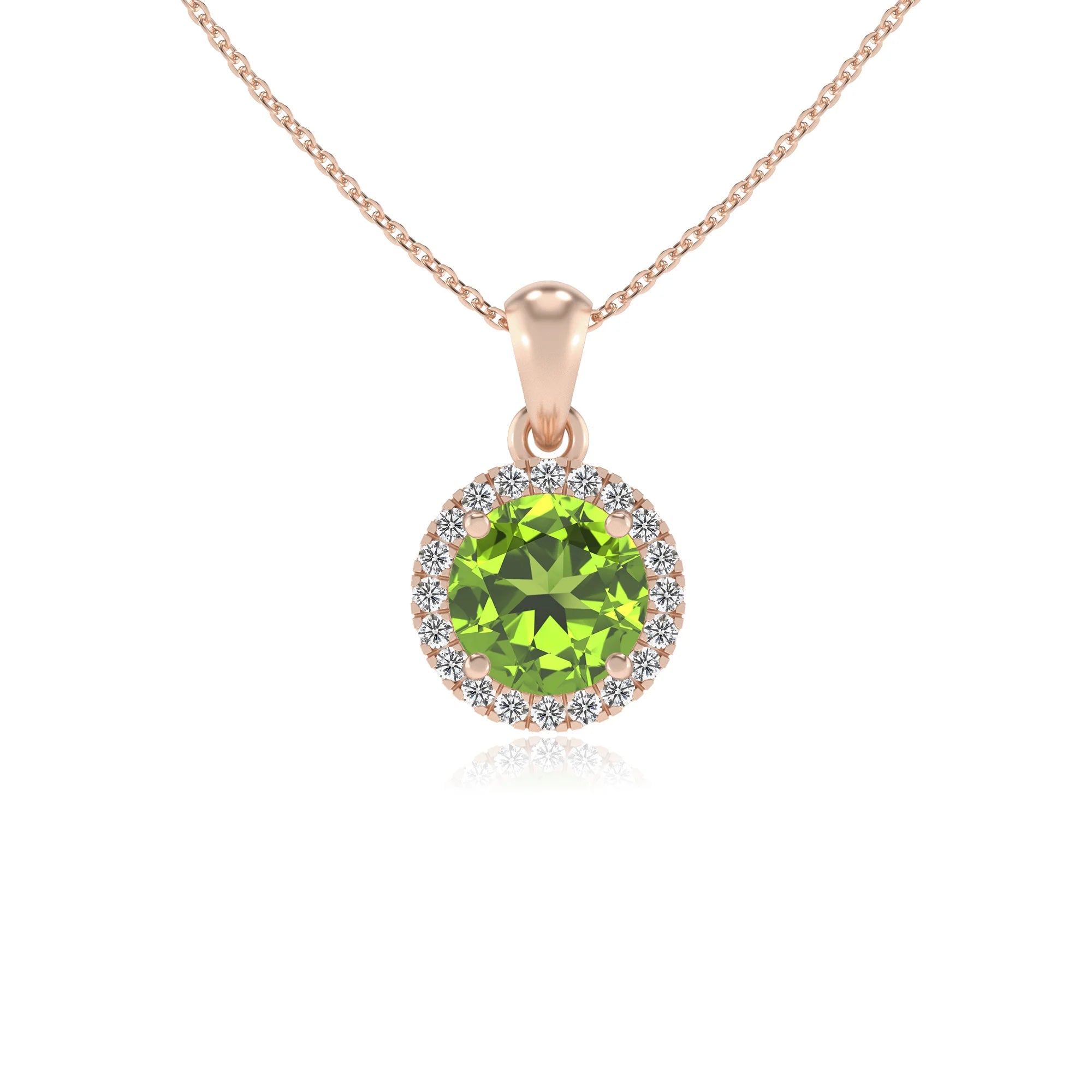 natural peridot round solitaire necklaces in rose gold 