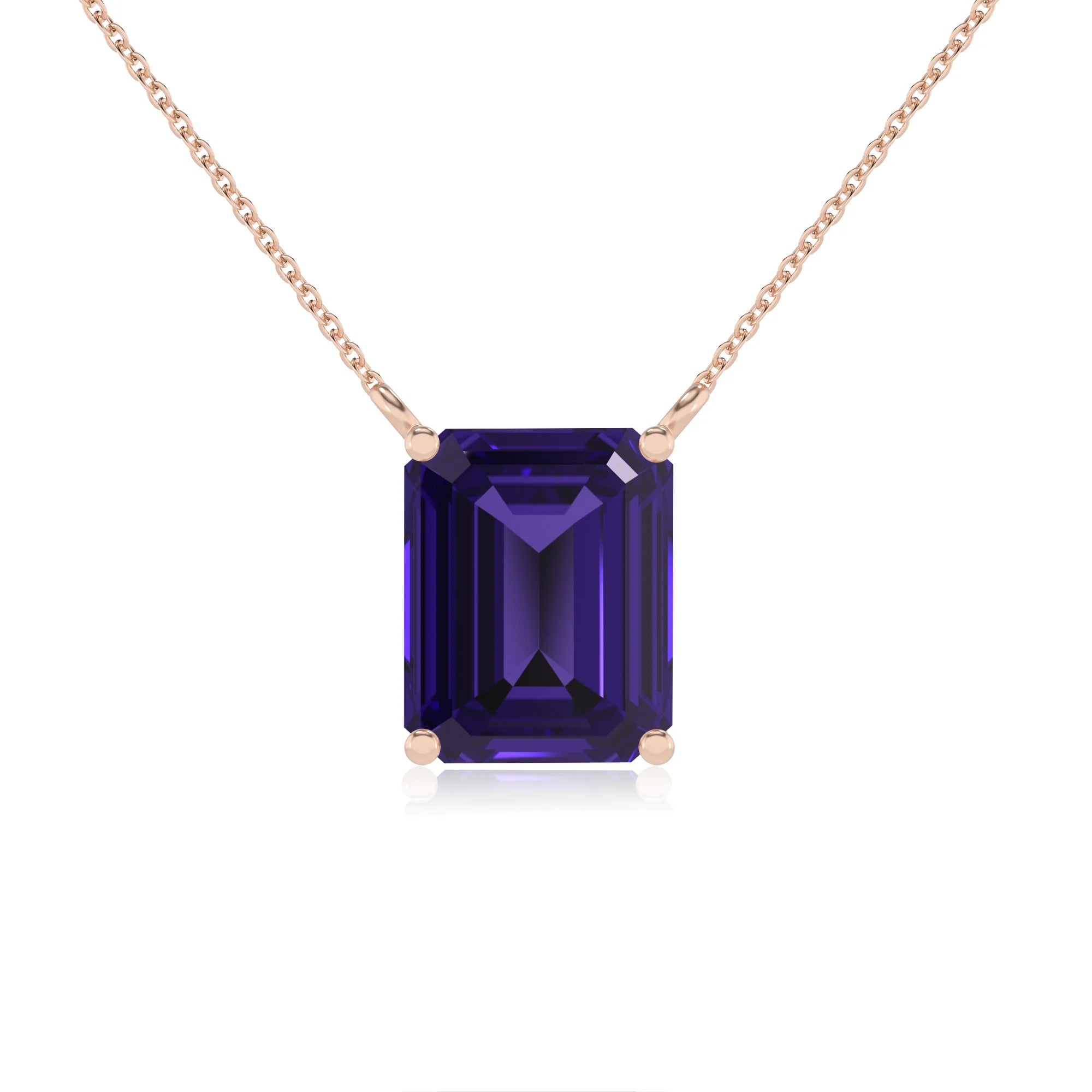 lab grown tanzanite emerald cut solitaire necklaces in rose gold 