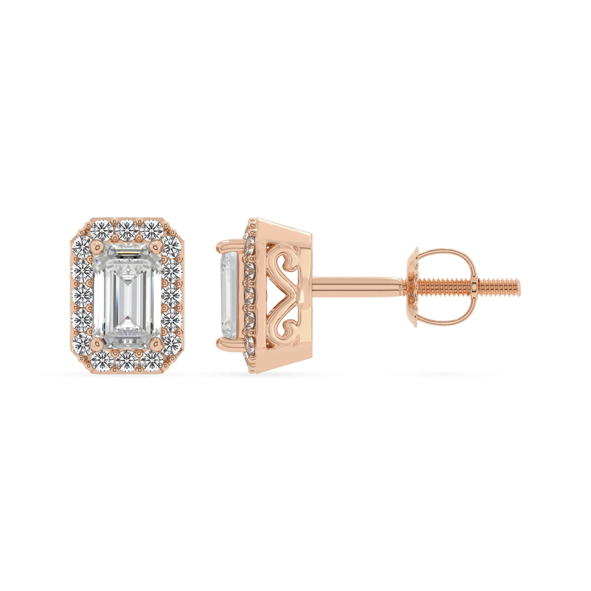 lab grown moissanite emerald cut stud earrings in rose gold 