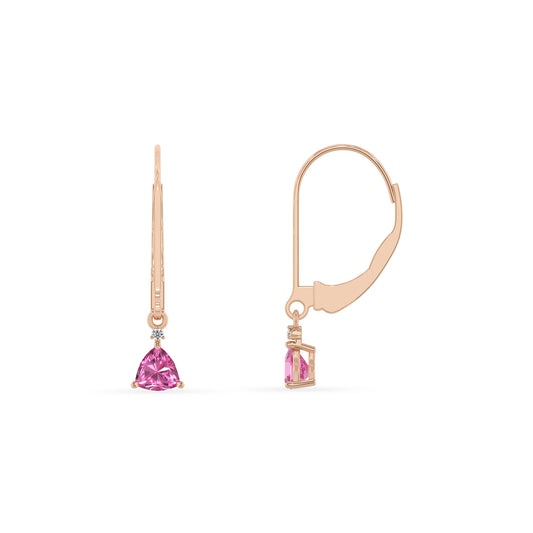 lab grown pink sapphire trillion drop earrings in rose gold 