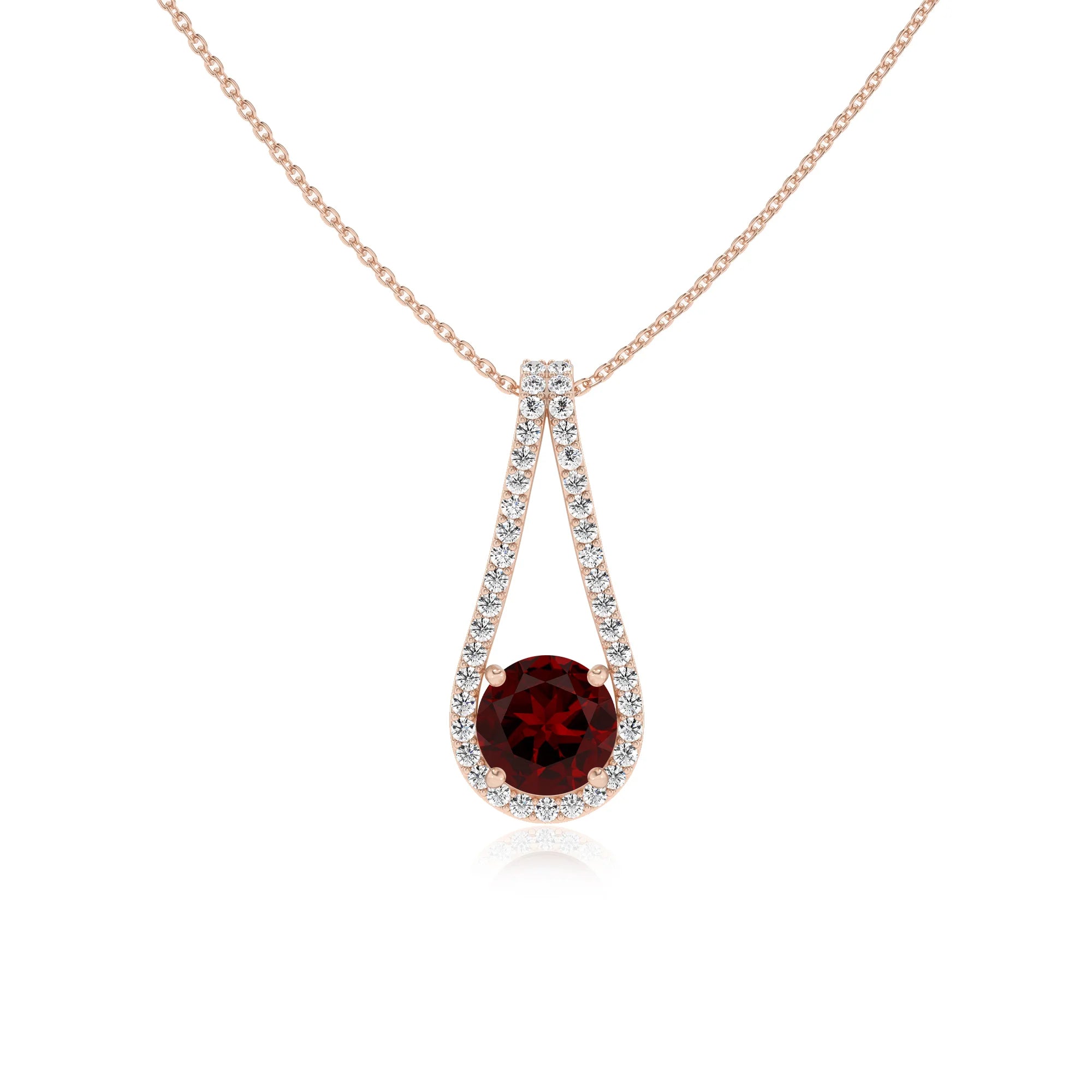 natural garnet round solitaire v-bale necklaces in rose gold 