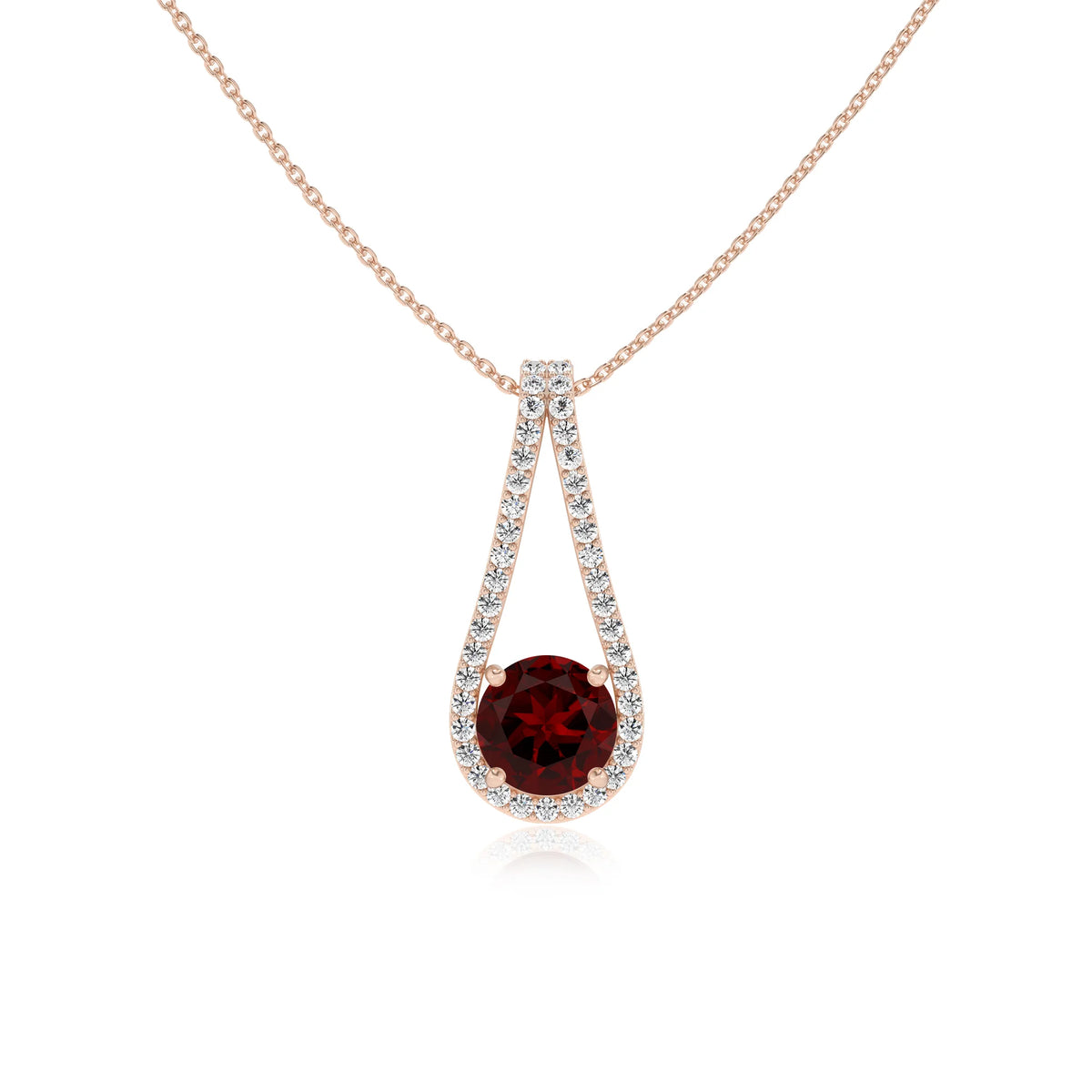 natural garnet round solitaire v-bale necklaces in rose gold 