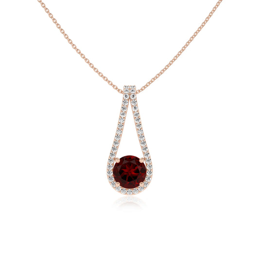 natural garnet round solitaire v-bale necklaces in rose gold 