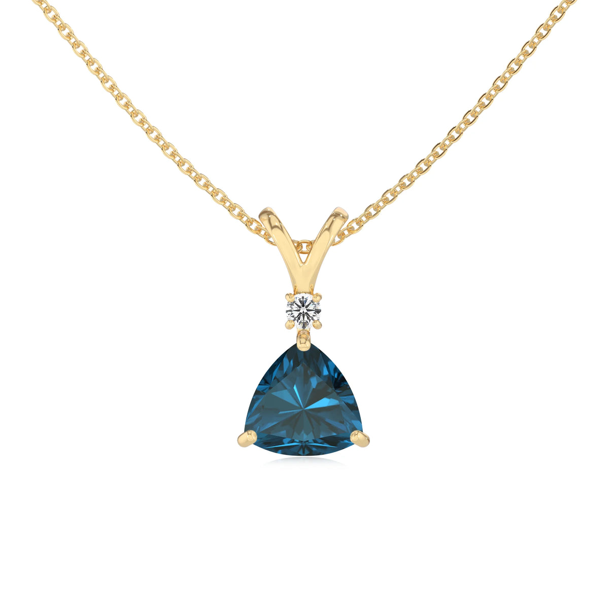 natural london-blue-topaz trillion solitaire v-bale necklaces in yellow gold 