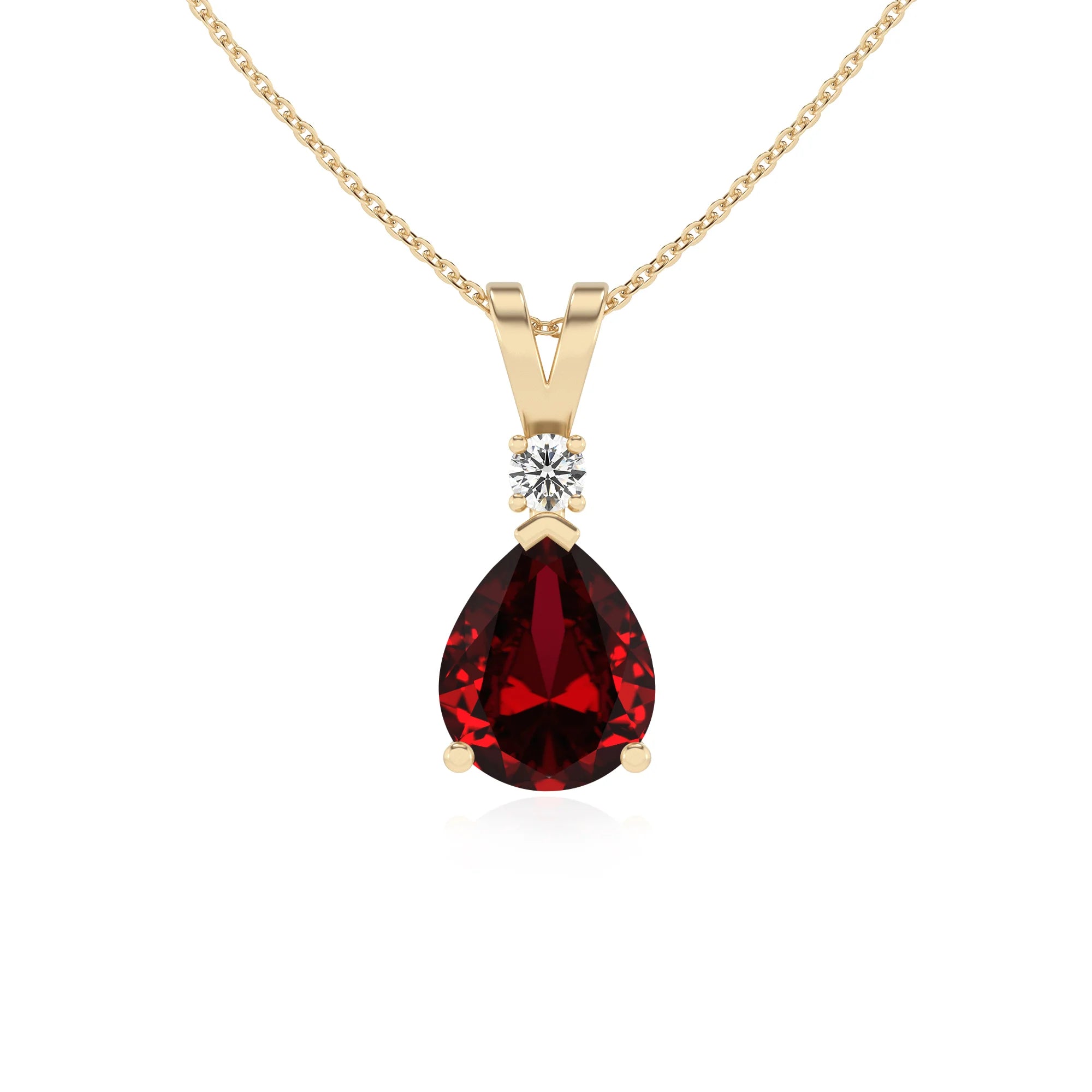 lab grown ruby pear solitaire v-bale necklaces in yellow gold 