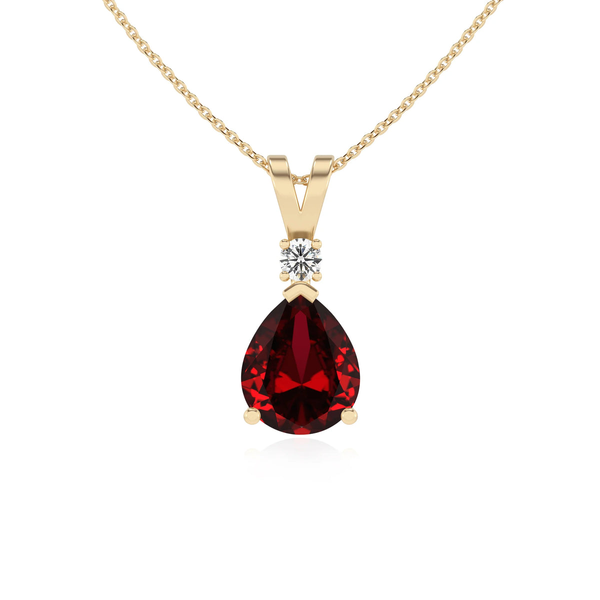 lab grown ruby pear solitaire v-bale necklaces in yellow gold 