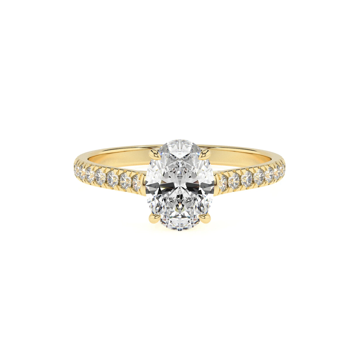 lab grown moissanite oval half eternity solitaire engagement rings in yellow gold 