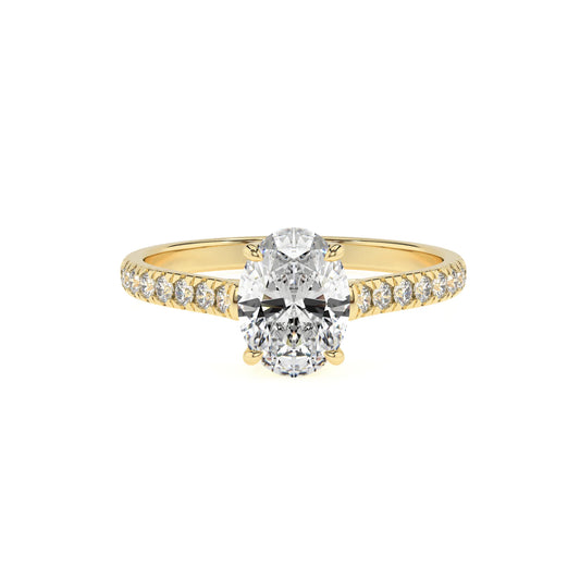 lab grown moissanite oval half eternity solitaire engagement rings in yellow gold 
