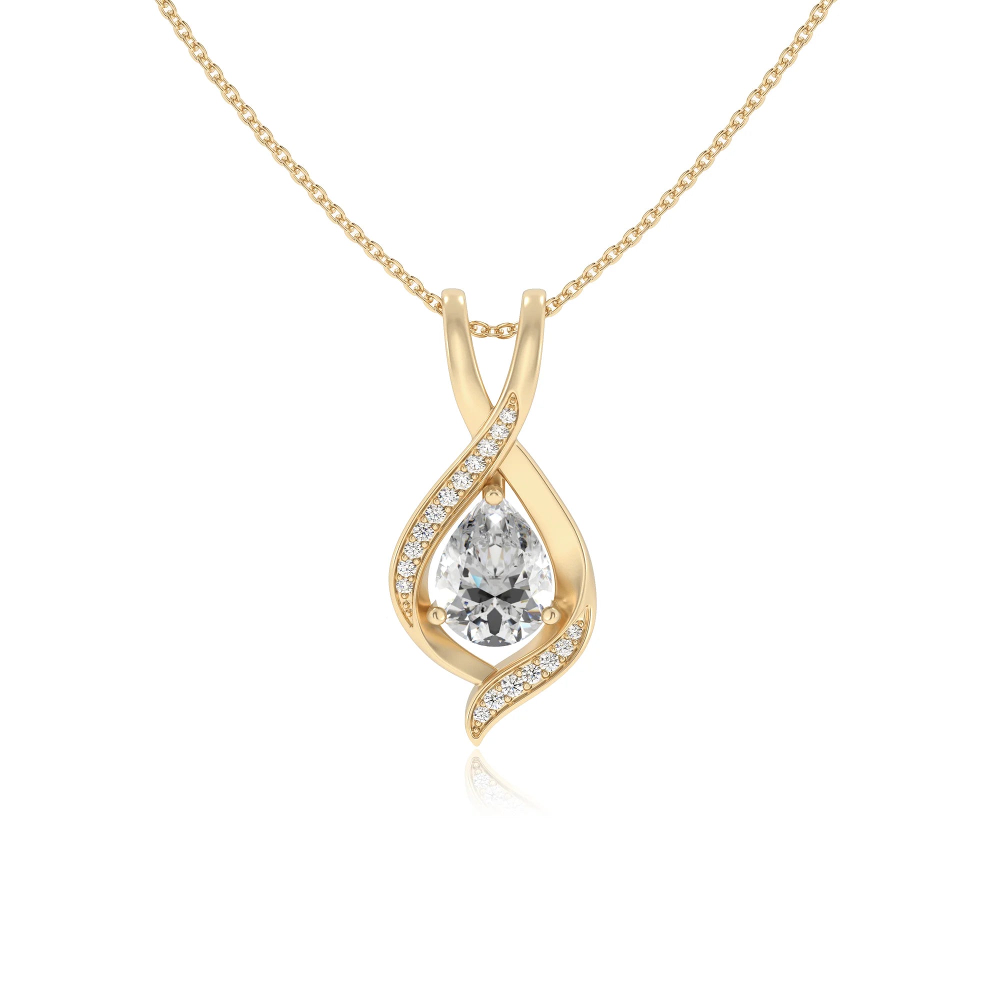 lab grown moissanite pear solitaire necklaces in yellow gold 