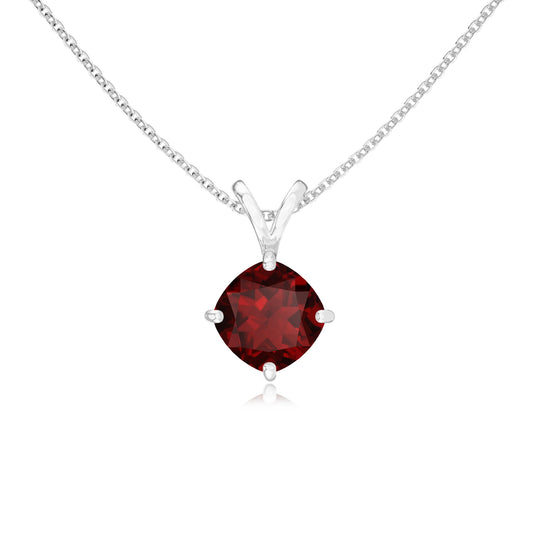 natural garnet cushion solitaire v-bale necklaces in platinum 