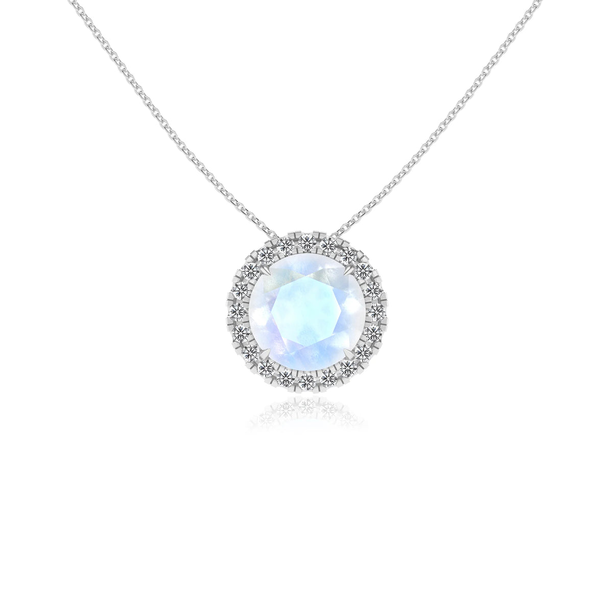 natural rainbow moonstone round solitaire necklaces in platinum 