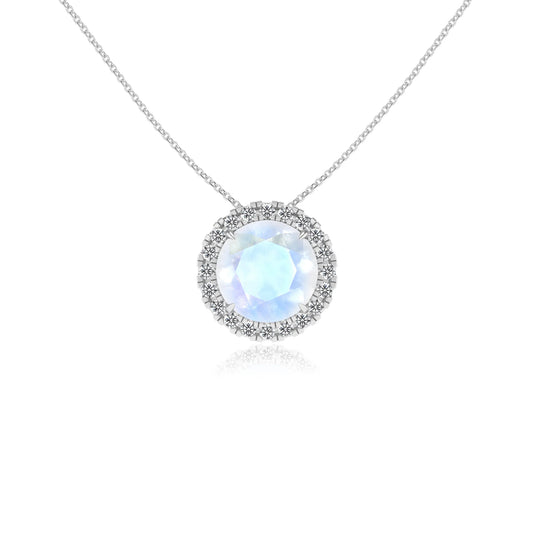 natural rainbow moonstone round solitaire necklaces in platinum 