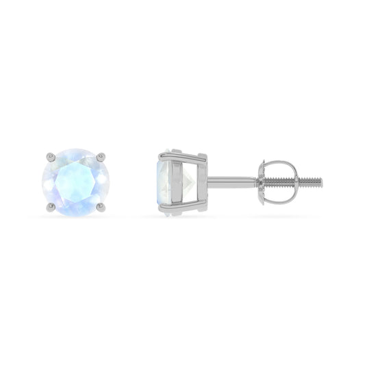natural rainbow moonstone round stud earrings in white gold 