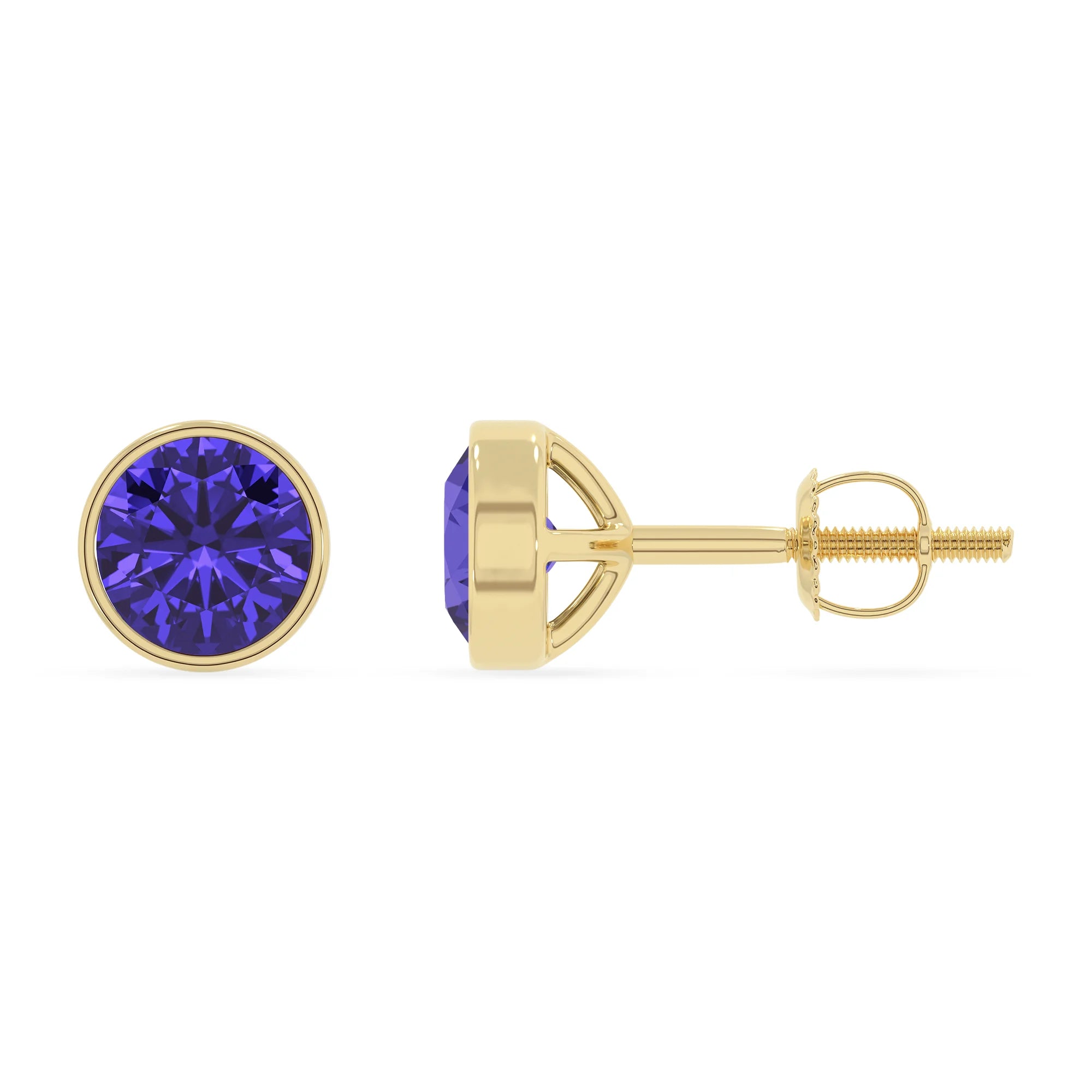 lab grown tanzanite round stud earrings in yellow gold 