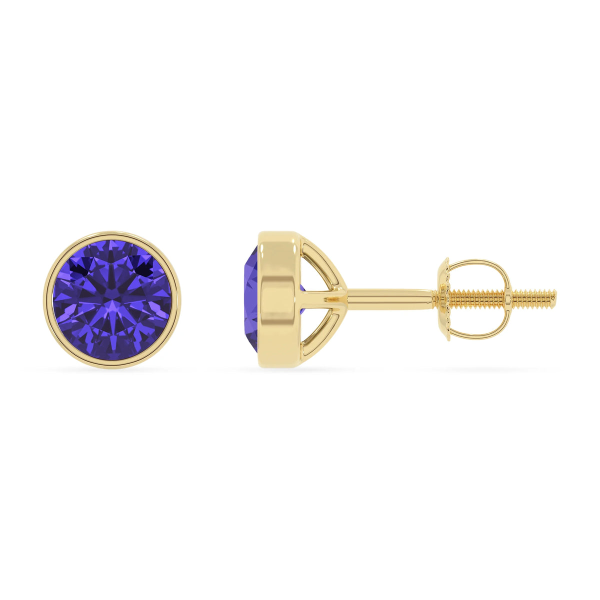 lab grown tanzanite round stud earrings in yellow gold 