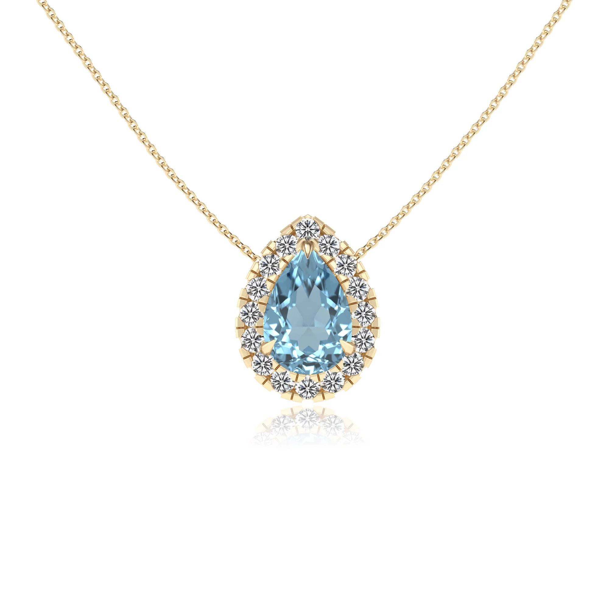 lab grown aquamarine pear solitaire necklaces in yellow gold 