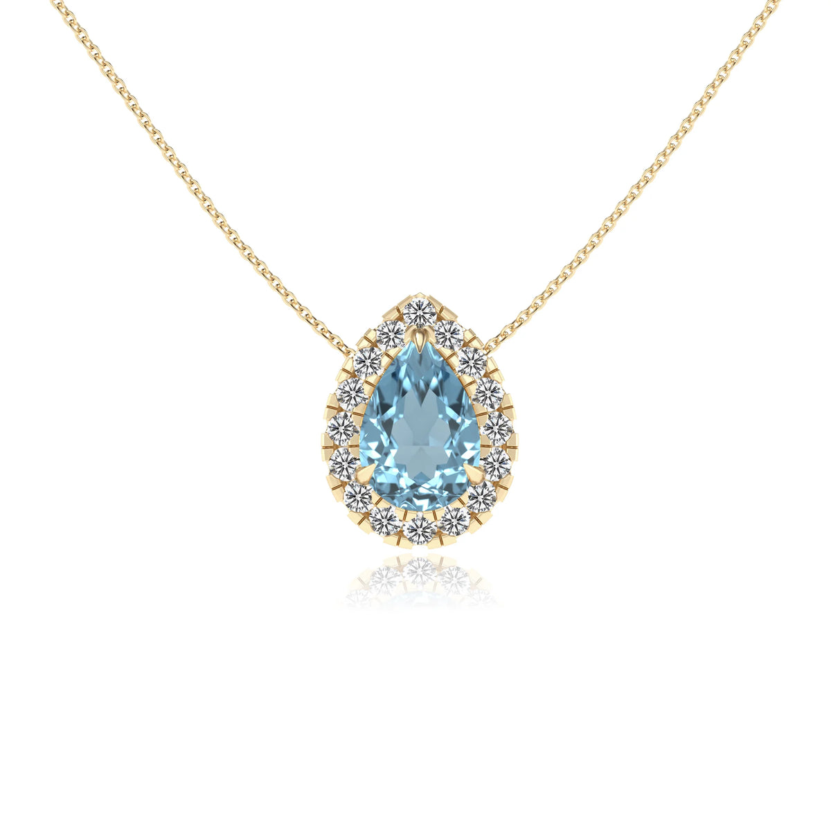 lab grown aquamarine pear solitaire necklaces in yellow gold 