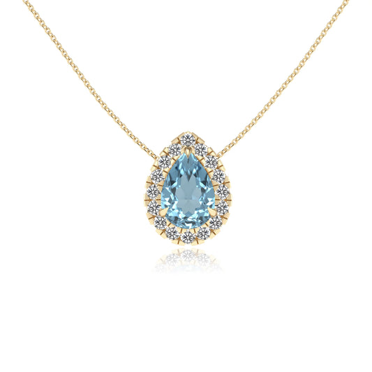 lab grown aquamarine pear solitaire necklaces in yellow gold 