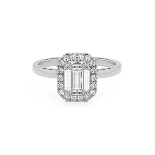 lab grown moissanite emerald cut solitaire rings in platinum 